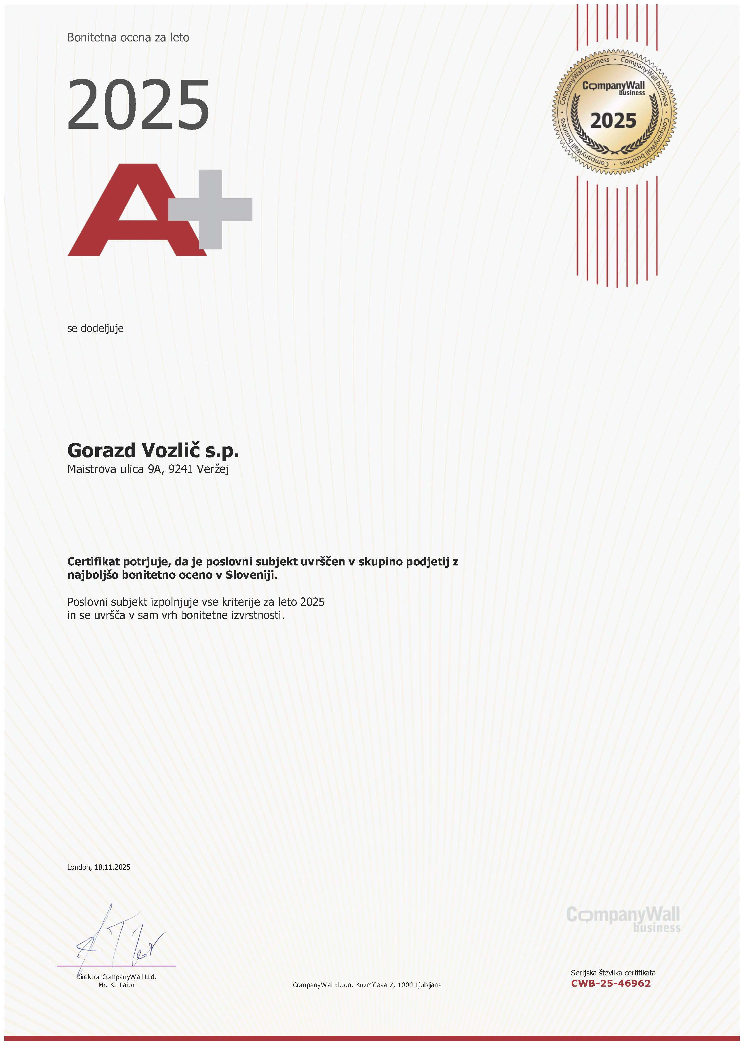 Bonitetna ocena 2025 A+